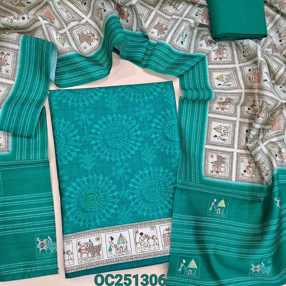 Turquoise blue fancy art silk unstitched salwar material, (silky, lining needed), warli printed all over, daman patch, matching cotton bottom, warli printed fancy art silk dupatta. OC251306