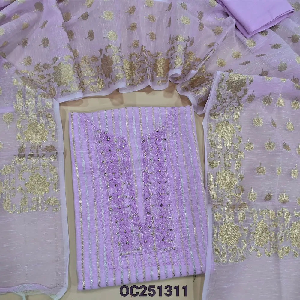 Lavender slub silk cotton unstitched salwar material, sugar bead, thread embroidery work on yoke,(textured, lining needed),matching santoon bottom, banarasi weaving buttas on slub silk cotton dupatta with tassels. OC251311
