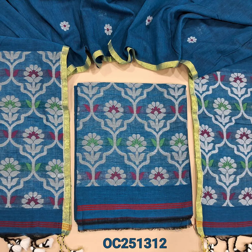 Teal blue mul cotton jamdani woven unstitched salwar material, Rich hand jamdani weaving on daman (Thin, Lining Needed) NO BOTTOM, Jamdani woven full length dupatta with jamdani weaving on pallu and handmade tassels. Oc251312