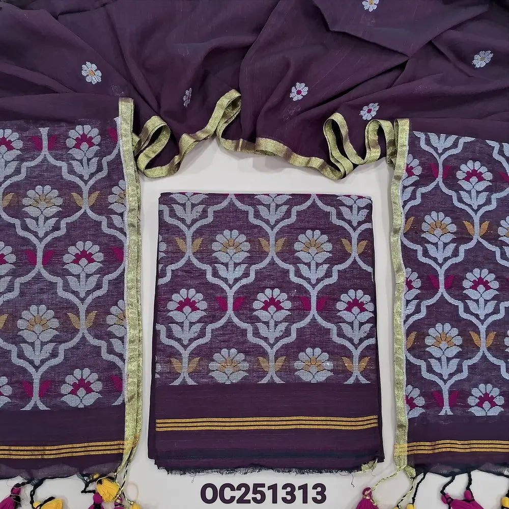 Deep wine purple mul cotton jamdani woven unstitched salwar material, Rich hand jamdani weaving on daman (Thin, Lining Needed) NO BOTTOM, Jamdani woven full length dupatta with jamdani weaving on pallu and handmade tassels. Oc251313