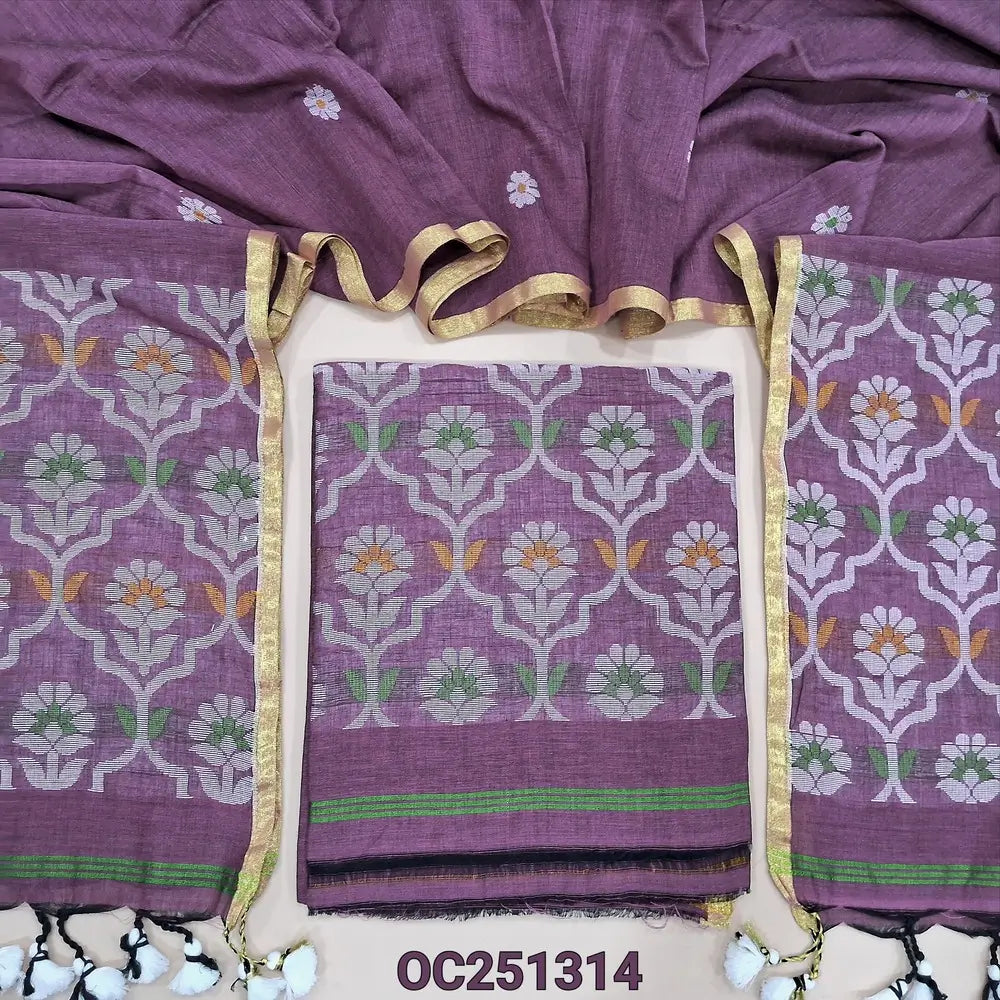 Mauve shade mul cotton jamdani woven unstitched salwar material, Rich hand jamdani weaving on daman (Thin, Lining Needed) NO BOTTOM, Jamdani woven full length dupatta with jamdani weaving on pallu and handamde tassels. Oc251314