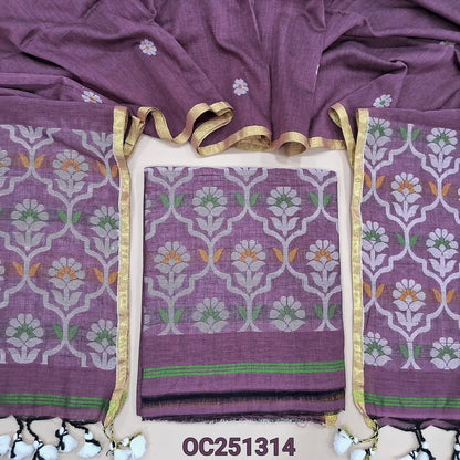Mauve shade mul cotton jamdani woven unstitched salwar material, Rich hand jamdani weaving on daman (Thin, Lining Needed) NO BOTTOM, Jamdani woven full length dupatta with jamdani weaving on pallu and handamde tassels. Oc251314