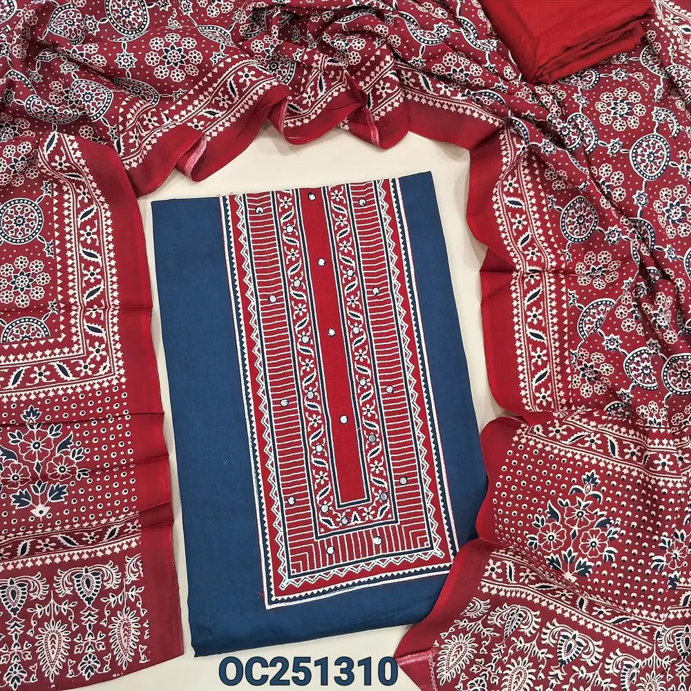 dark blue rayon unstitched salwar material, printed patch and faux mirror work on yoke,(shiny, lining optional), red spun cotton bottom, ajrak printed rayon full length dupatta. OC251311
