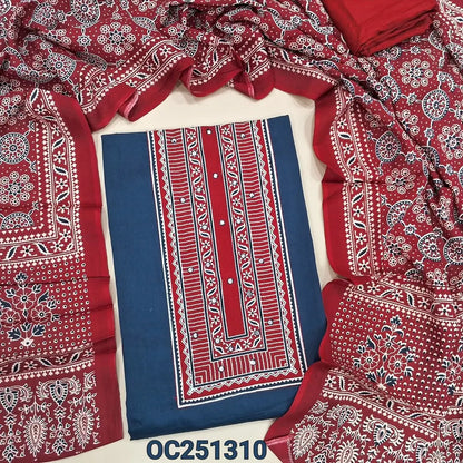 dark blue rayon unstitched salwar material, printed patch and faux mirror work on yoke,(shiny, lining optional), red spun cotton bottom, ajrak printed rayon full length dupatta. OC251311