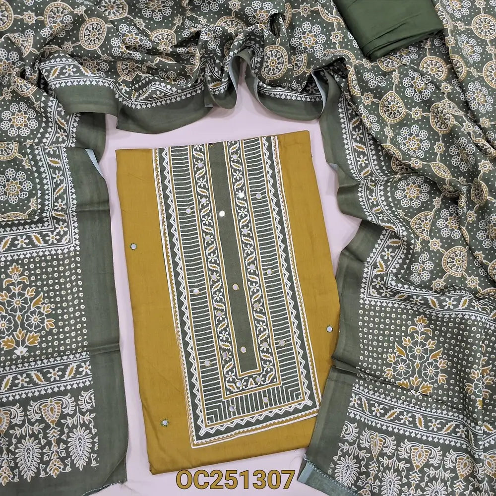 Mehandhi yellow rayon unstitched salwar material, printed patch and faux mirror work on yoke,(shiny, lining optional), olive green spun cotton bottom, ajrak printed rayon full length dupatta. OC251307