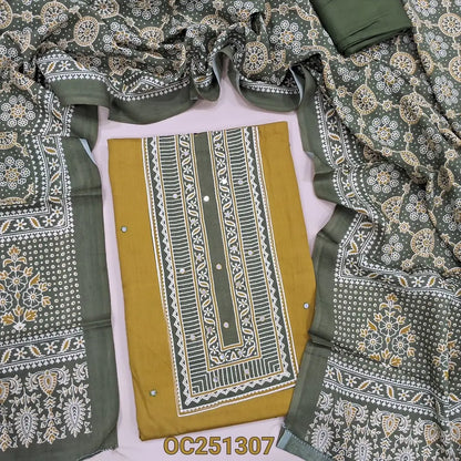 Mehandhi yellow rayon unstitched salwar material, printed patch and faux mirror work on yoke,(shiny, lining optional), olive green spun cotton bottom, ajrak printed rayon full length dupatta. OC251307