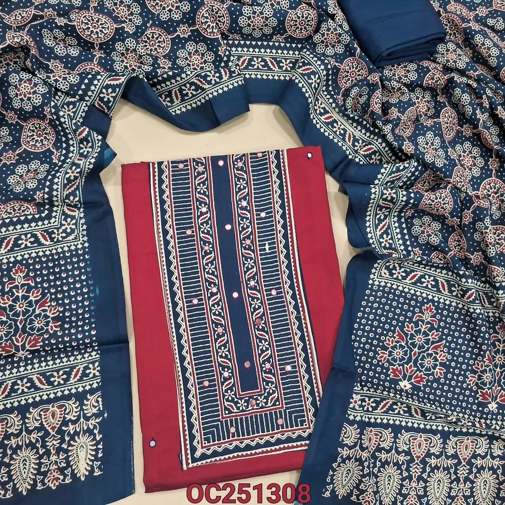 Red rayon unstitched salwar material, printed patch and faux mirror work on yoke,(shiny, lining optional), blue spun cotton bottom, ajrak printed rayon full length dupatta. OC251308