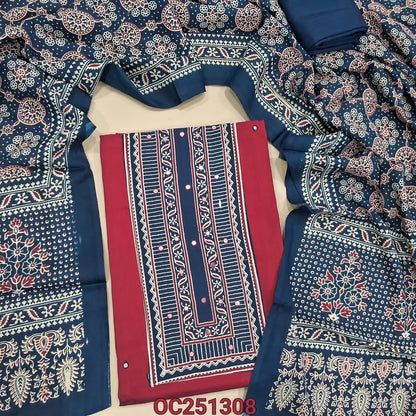Red rayon unstitched salwar material, printed patch and faux mirror work on yoke,(shiny, lining optional), blue spun cotton bottom, ajrak printed rayon full length dupatta. OC251308