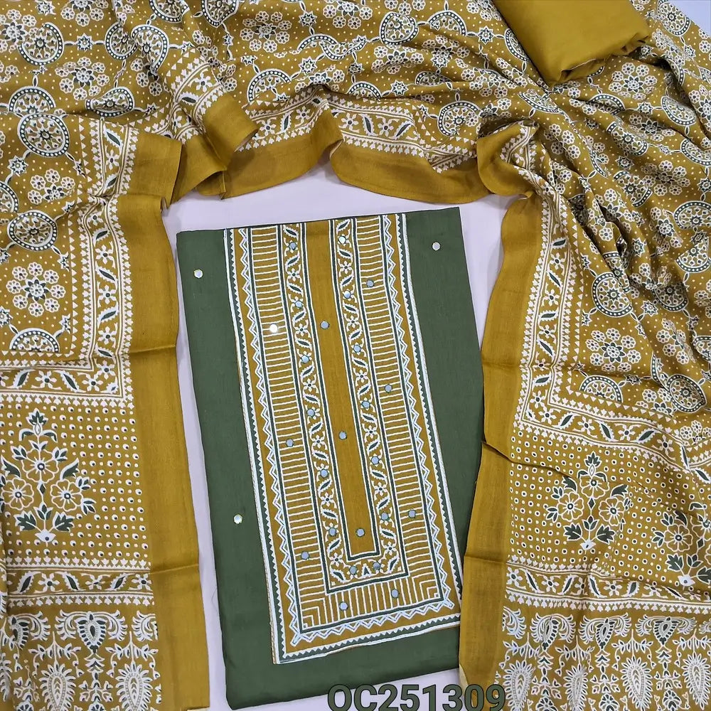 Olive green rayon unstitched salwar material, printed patch and faux mirror work on yoke,(shiny, lining optional), mehandhi yellow spun cotton bottom, ajrak printed rayon full length dupatta. OC251309