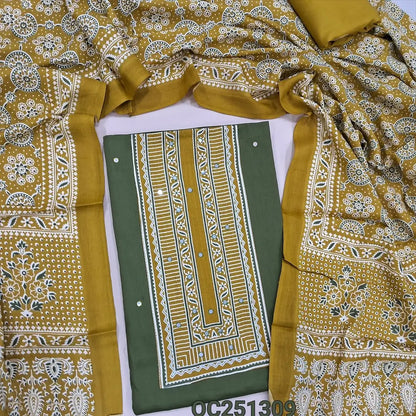 Olive green rayon unstitched salwar material, printed patch and faux mirror work on yoke,(shiny, lining optional), mehandhi yellow spun cotton bottom, ajrak printed rayon full length dupatta. OC251309