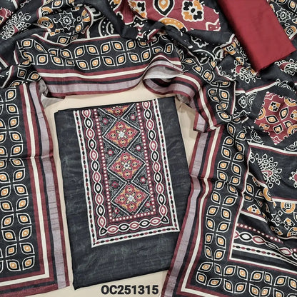 Black semi tussar unstitched salwar material,(texured, lining needed) printed, real mirror work on yoke, maroon silk cotton bottom, prined semi tussar  full length dupatta. OC251315
