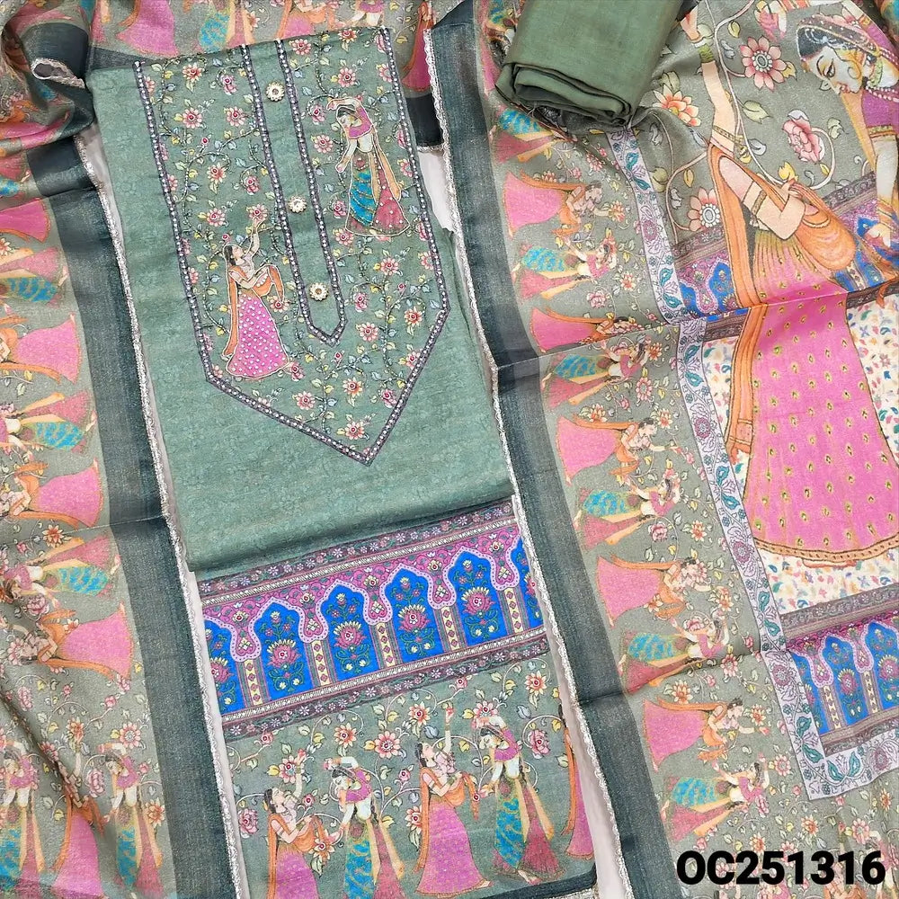 Sage green tissue silk cotton unstitched salwar material,(silky, lining needed) digital print, sugar bead, zardozi work on yoke and daman, matching santoon bottom , digital printed tissue silk cotton shorth width dupatta with lace tapings. OC251316
