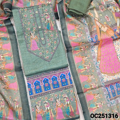 Sage green tissue silk cotton unstitched salwar material,(silky, lining needed) digital print, sugar bead, zardozi work on yoke and daman, matching santoon bottom , digital printed tissue silk cotton shorth width dupatta with lace tapings. OC251316