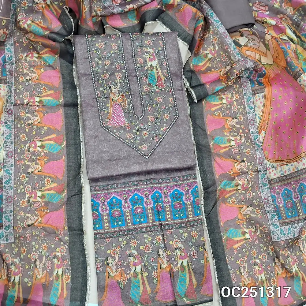 Dark mauve tissue silk cotton unstitched salwar material,(silky, lining needed) digital print, sugar bead, zardozi work on yoke and daman, matching santoon bottom , digital printed tissue silk cotton shorth width dupatta with lace tapings. OC251317