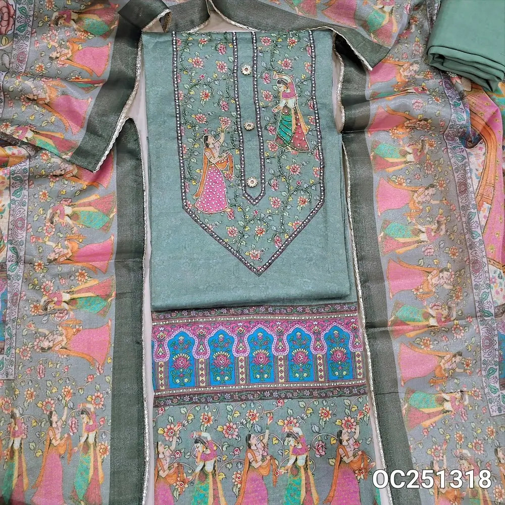 Grey tissue silk cotton unstitched salwar material,(silky, lining needed) digital print, sugar bead, zardozi work on yoke and daman, matching santoon bottom , digital printed tissue silk cotton shorth width  dupatta with lace tapings. OC251318