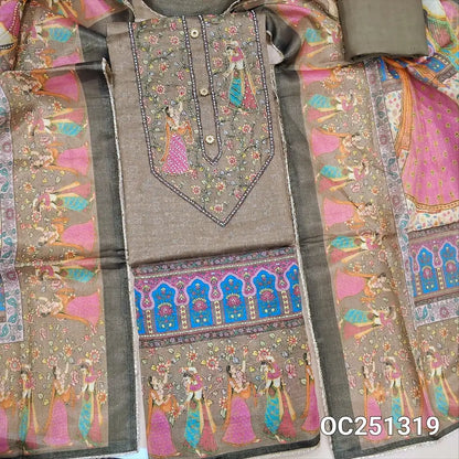 Greyish beige tissue silk cotton unstitched salwar material,(silky, lining needed) digital print, sugar bead, zardozi work on yoke and daman, matching santoon bottom , digital printed tissue silk cotton shorth width dupatta with lace tapings . OC251319