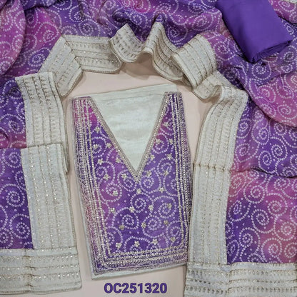 Half white premium tissue silk unstitched salwar material,(silky, lining needed) v neck, bandhini print, zari, sequence work on yoke, purple santoon bottom, bandhini printed tissue silk  short width dupatta with zari, sequence borders all sides. OC251320