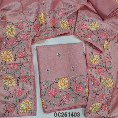 Peachish pink crinkled tissue silk cotton unstitched salwar material(thin, lining needed) heavy cross stitch embroidery work on daman, matching santoon bottom, crinkled tissue silk cotton dupatta with embroidery work. OC251403