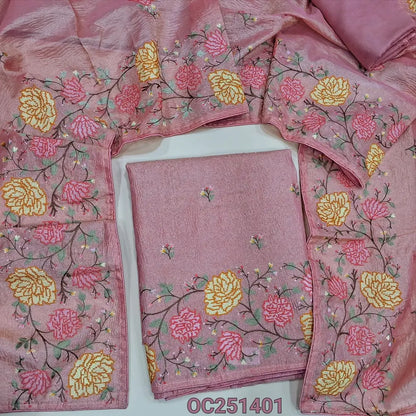 Pastel Pink crinkled tissue silk cotton unstitched salwar material(thin, lining needed) heavy cross stitch embroidery work on daman, matching santoon bottom, crinkled tissue silk cotton dupatta with embroidery work. OC251401