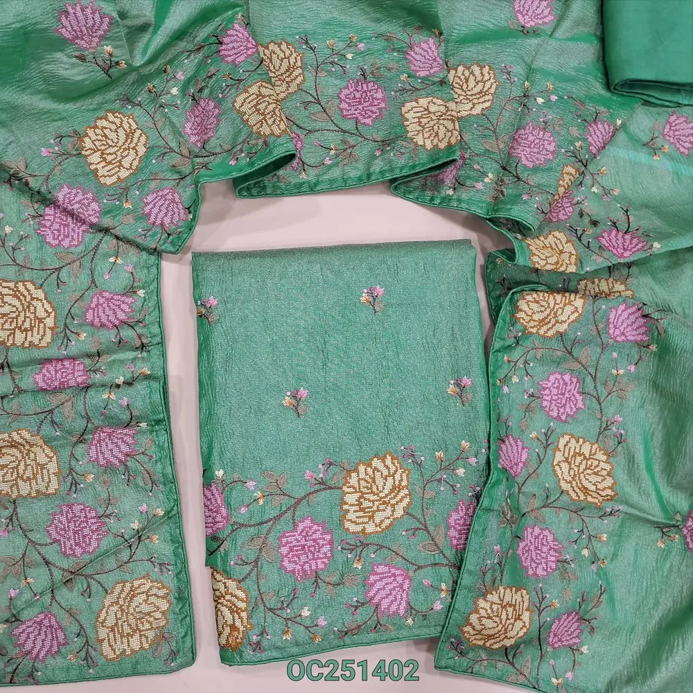 Light turquoise green crinkled tissue silk cotton unstitched salwar material(thin, lining needed) heavy cross stitch embroidery work on daman, matching santoon bottom, crinkled tissue silk cotton dupatta with embroidery work. OC251402