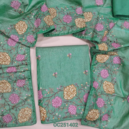 Light turquoise green crinkled tissue silk cotton unstitched salwar material(thin, lining needed) heavy cross stitch embroidery work on daman, matching santoon bottom, crinkled tissue silk cotton dupatta with embroidery work. OC251402