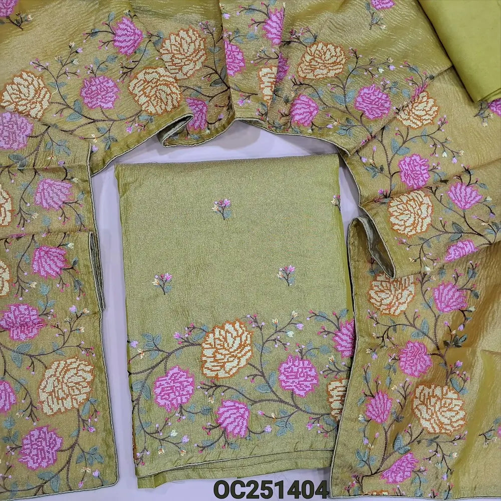 Mehandhi Green crinkled tissue silk cotton unstitched salwar material(thin, lining needed) heavy cross stitch embroidery work on daman, matching santoon bottom, crinkled tissue silk cotton dupatta with embroidery work. OC251404