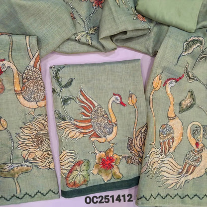 Sage Green tissue linen unstitched salwar material,(soft, lining needed)digital printed, heavy hand embroider work on daman and yoke, matching santoon bottom, digital printed, hand embroidery work on tissue linen dupatta. OC251412