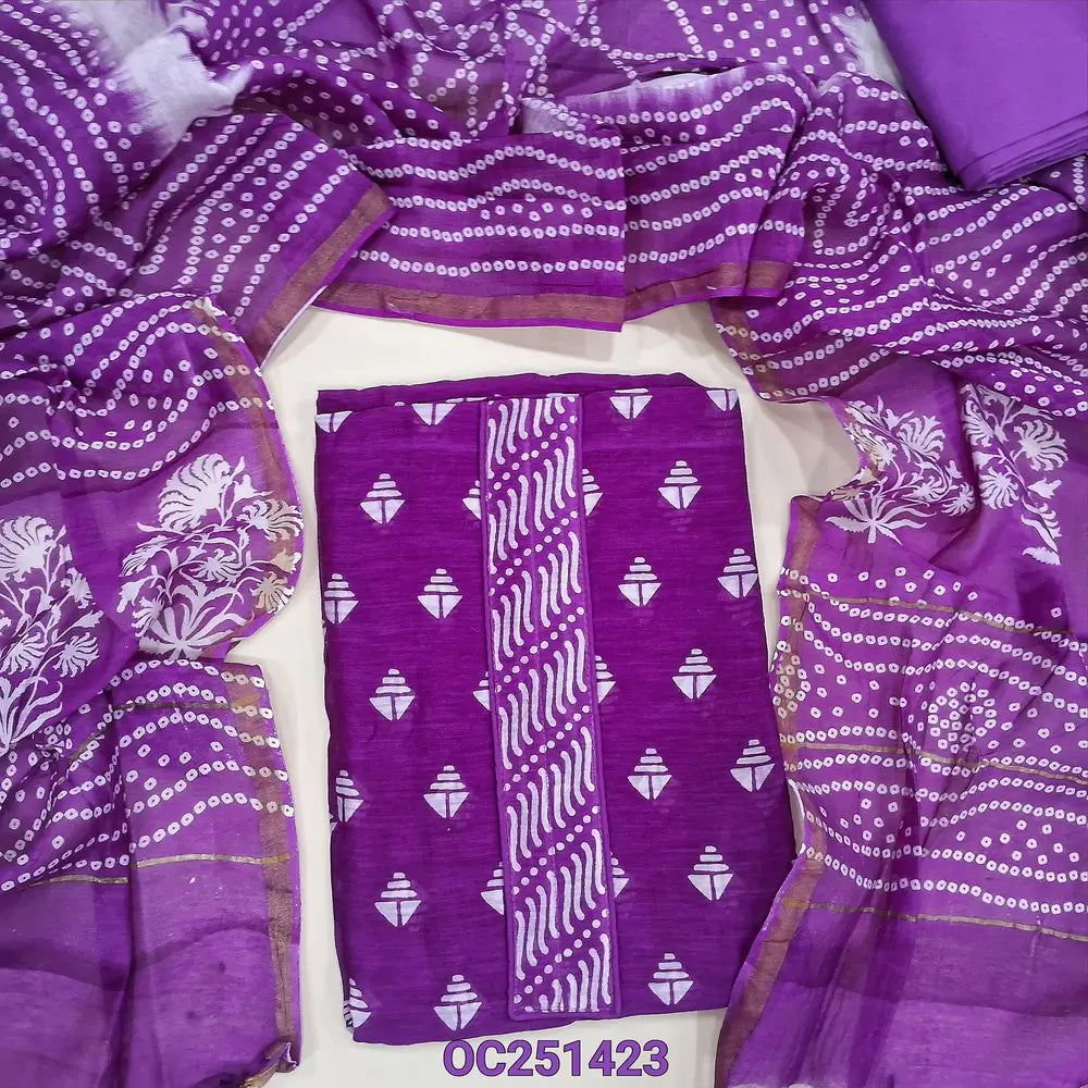 Dark Purple pure chanderi silk cotton unstitched salwar material,(soft, lining needed), digital printed all over, drum dyed cotton lining provided, NO BOTTOM, bandhini printed pure chanderi silk cotton dupatta TAPPINGS NEEDED. OC251423