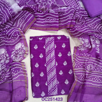 Dark Purple pure chanderi silk cotton unstitched salwar material,(soft, lining needed), digital printed all over, drum dyed cotton lining provided, NO BOTTOM, bandhini printed pure chanderi silk cotton dupatta TAPPINGS NEEDED. OC251423