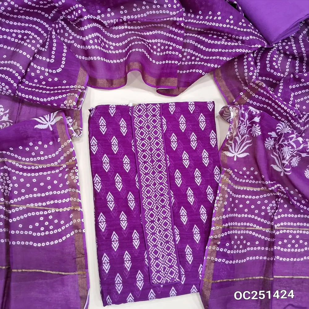 Dark Purple pure chanderi silk cotton unstitched salwar material,(soft, lining needed), digital printed all over, drum dyed cotton lining provided, NO BOTTOM, bandhini printed pure chanderi silk cotton dupatta TAPPINGS NEEDED. OC251424