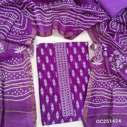 Dark Purple pure chanderi silk cotton unstitched salwar material,(soft, lining needed), digital printed all over, drum dyed cotton lining provided, NO BOTTOM, bandhini printed pure chanderi silk cotton dupatta TAPPINGS NEEDED. OC251424