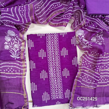 Dark Purple pure chanderi silk cotton unstitched salwar material,(soft, lining needed), digital printed all over, drum dyed cotton lining provided, NO BOTTOM, bandhini printed pure chanderi silk cotton dupatta TAPPINGS NEEDED. OC251425