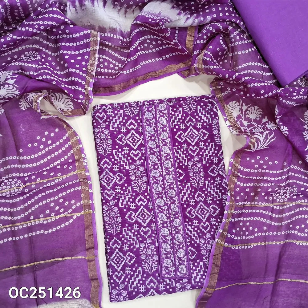 Dark Purple pure chanderi silk cotton unstitched salwar material,(soft, lining needed), digital printed all over, drum dyed cotton lining provided, NO BOTTOM, bandhini printed pure chanderi silk cotton dupatta TAPPINGS NEEDED. OC251426