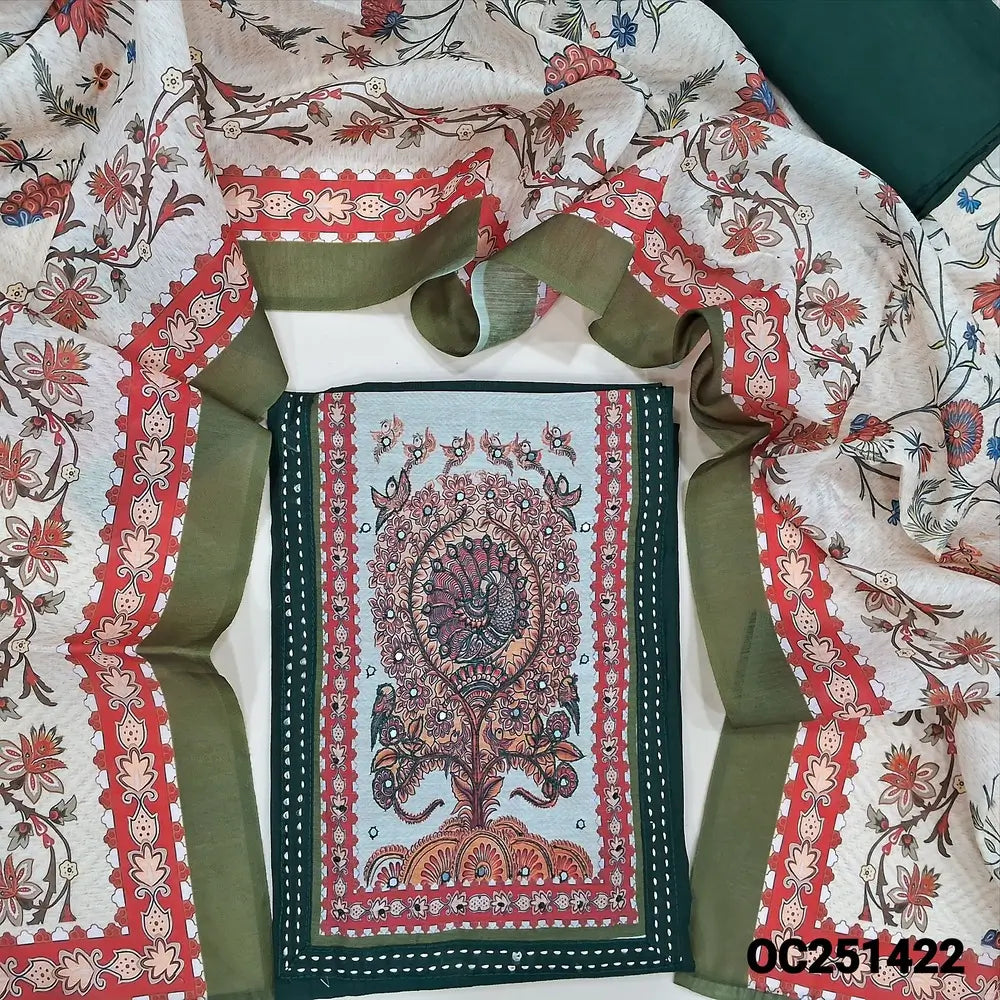 Dark Green spun silk cotton unstitched salwar material, (soft, lining optional) digital printed, thread and faux mirror work on yoke, matching santoon bottom,  digital printed silk cotton dupatta.  OC251422