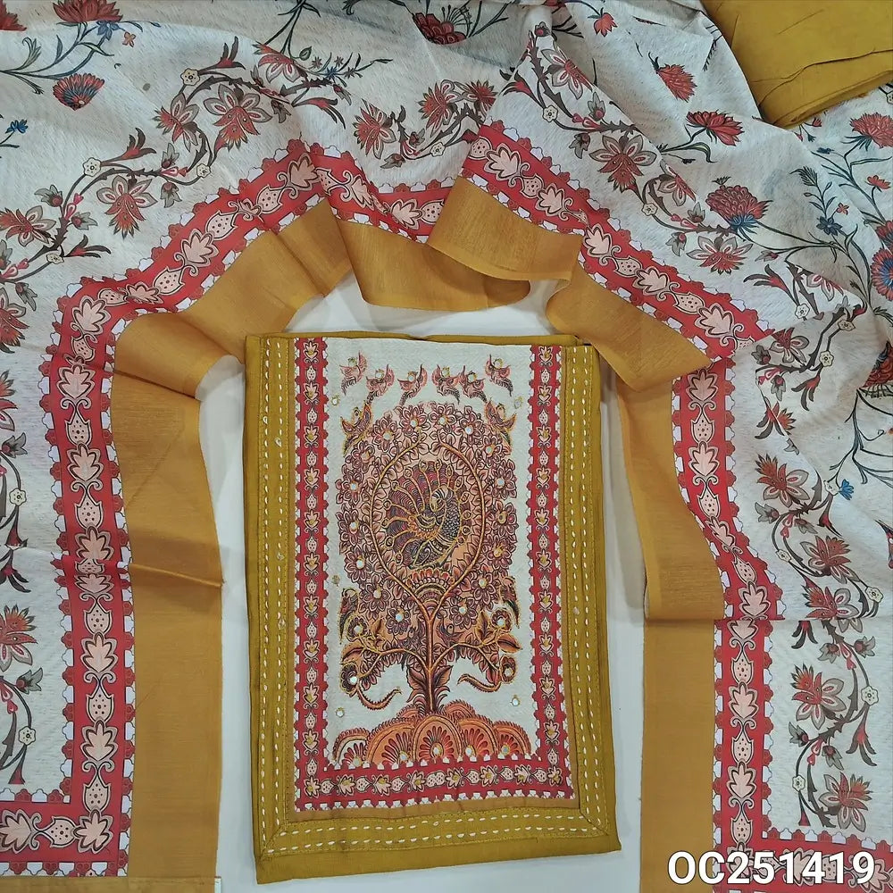 Mehandhi Yellow spun silk cotton unstitched salwar material, (soft, lining optional) digital printed, thread and faux mirror work on yoke, matching santoon bottom,  digital printed silk cotton dupatta. OC251419