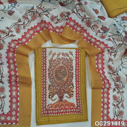 Mehandhi Yellow spun silk cotton unstitched salwar material, (soft, lining optional) digital printed, thread and faux mirror work on yoke, matching santoon bottom,  digital printed silk cotton dupatta. OC251419