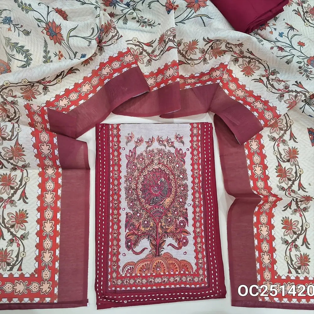 Dark Maroon spun silk cotton unstitched salwar material, (soft, lining optional) digital printed, thread and faux mirror work on yoke, matching santoon bottom,  digital printed silk cotton dupatta. OC251420