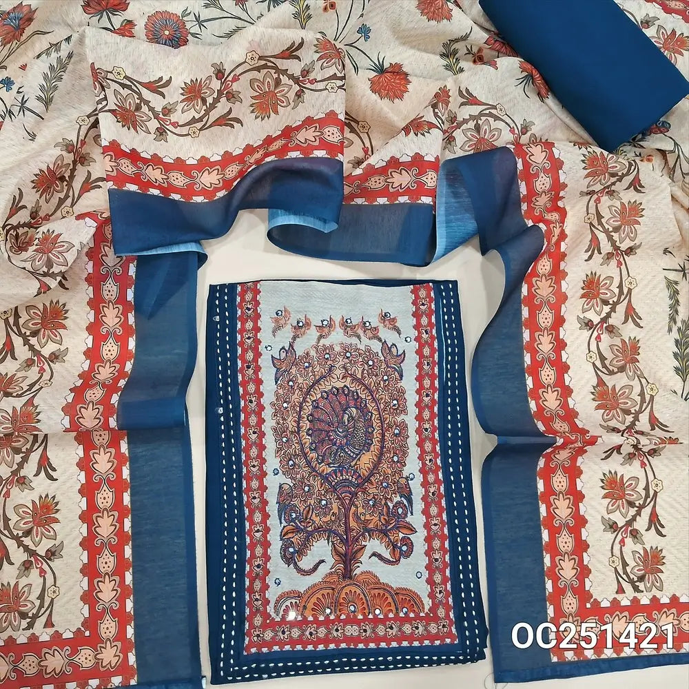 Dark teal Blue spun silk cotton unstitched salwar material, (soft, lining optional) digital printed, thread and faux mirror work on yoke, matching santoon bottom,  digital printed silk cotton dupatta. OC251421