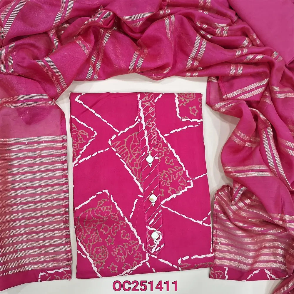 Bright Pink silk cotton unstitched salwar material,(soft, lining optional)digital printed all over, fancy buttons, zari lines on yoke, matching silky bottom, zari lines and sequence work on silk cotton dupatta. OC251411