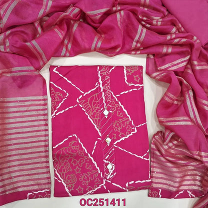 Bright Pink silk cotton unstitched salwar material,(soft, lining optional)digital printed all over, fancy buttons, zari lines on yoke, matching silky bottom, zari lines and sequence work on silk cotton dupatta. OC251411