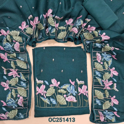 Teal Blue kota silk cotton unstitched salwar material,(thin, lining needed), embroidery work on yoke, matching silky bottom, matching kota silk cotton dupatta with embroidery work on one side. OC251413