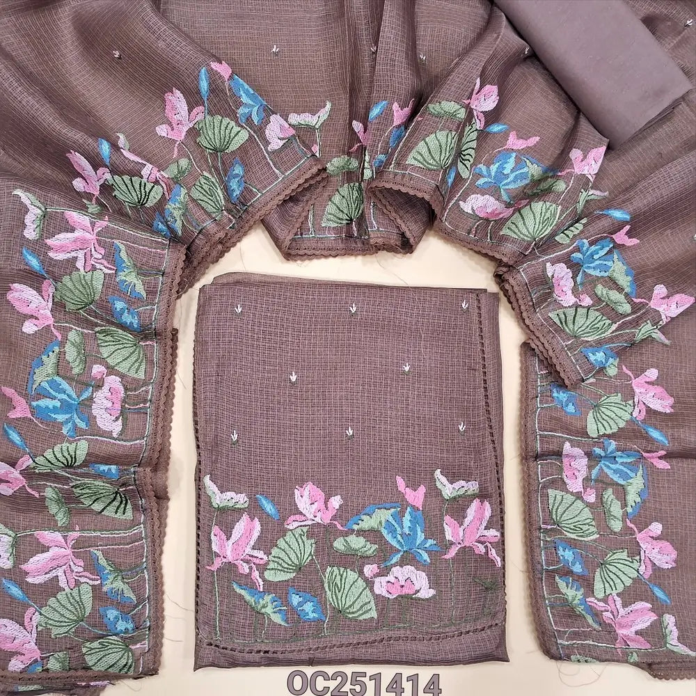 Mauve kota silk cotton unstitched salwar material,(thin, lining needed), embroidery work on yoke, matching silky bottom, matching kota silk cotton dupatta with embroidery work on one side. OC251414