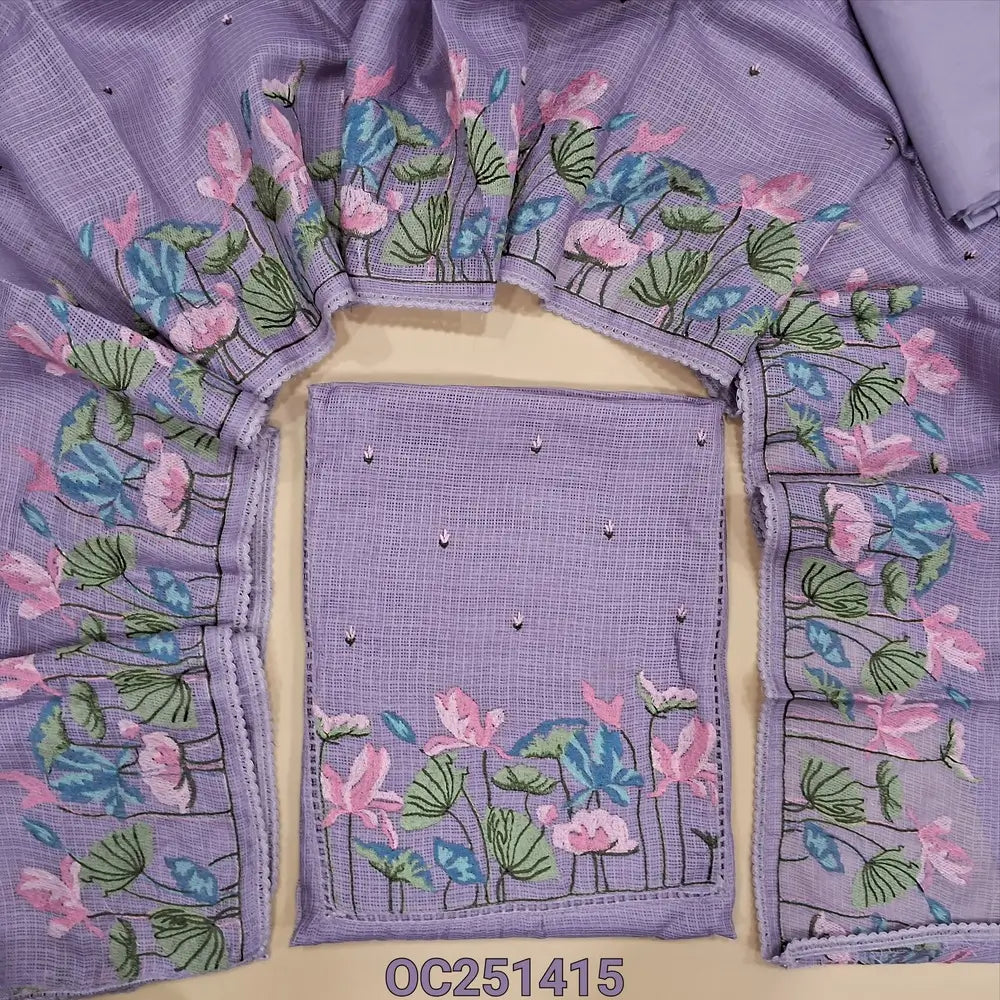 Lavender kota silk cotton unstitched salwar material,(thin, lining needed), embroidery work on yoke, matching silky bottom, matching kota silk cotton dupatta with embroidery work on one side. OC251415