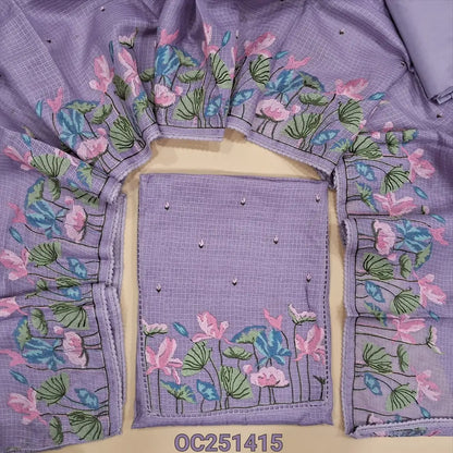 Lavender kota silk cotton unstitched salwar material,(thin, lining needed), embroidery work on yoke, matching silky bottom, matching kota silk cotton dupatta with embroidery work on one side. OC251415