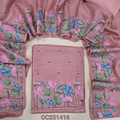 Peachish Pink kota silk cotton unstitched salwar material,(thin, lining needed), embroidery work on yoke, matching silky bottom, matching kota silk cotton dupatta with embroidery work on one side. OC251416