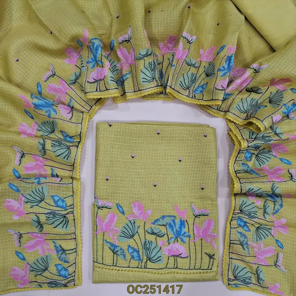 Mehandhi Yellow kota silk cotton unstitched salwar material,(thin, lining needed), embroidery work on yoke, matching silky bottom, matching kota silk cotton dupatta with embroidery work on one side. OC251417