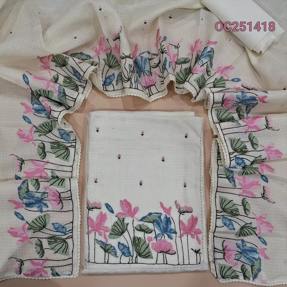 Half White kota silk cotton unstitched salwar material,(thin, lining needed), embroidery work on yoke, matching silky bottom, matching kota silk cotton dupatta with embroidery work on one side. OC251418