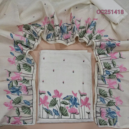 Half White kota silk cotton unstitched salwar material,(thin, lining needed), embroidery work on yoke, matching silky bottom, matching kota silk cotton dupatta with embroidery work on one side. OC251418