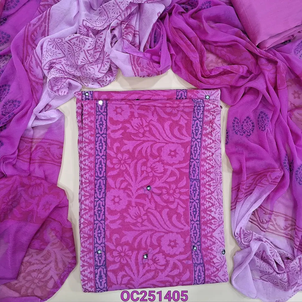 Pastel Pink and dark pink block printed semi georgette unstitched salwar material,(flowy, lining needed) faux mirror work on front, silk cotton bottom, block printed dual shaded fancy chiffon dupatta. OC251405
