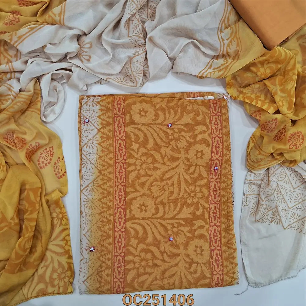 Beige and mehandhi yellow block printed semi georgette unstitched salwar material,(flowy, lining needed) faux mirror work on front, silk cotton bottom, block printed dual shaded fancy chiffon dupatta. OC251406